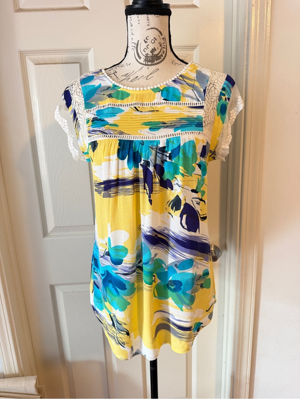 Anthropologie Yellow Blue Floral Lace-Trim Cap Sleeve Top